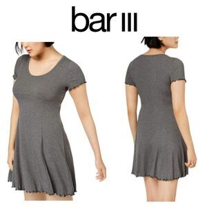 Bar III Short Sleeve Ribbed Fit & Flare Grey Dress